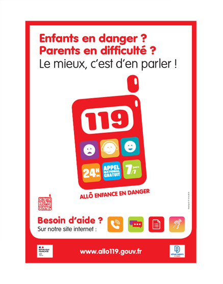 affiche Enfants en danger ? Parents en difficultés, le mieux c&#039;est d&#039;en parler, un logo rouge rappelant un smartphone illustre le numéro 119